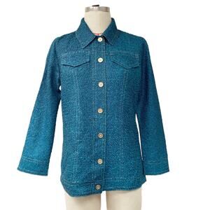 Chicos Travelers Womens Size 00 Button Front Teal Stretch Textured Jacket Top